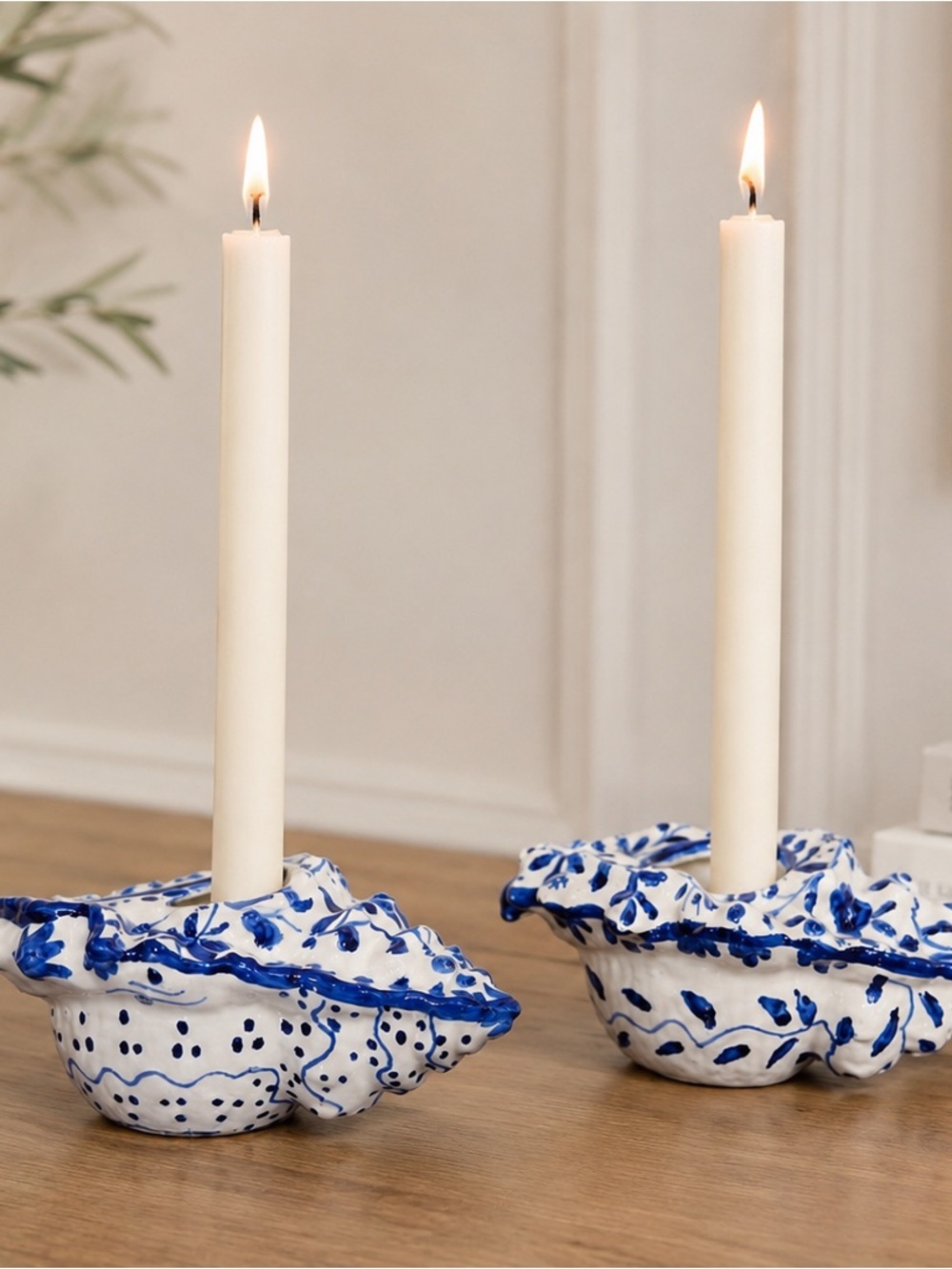 Hand-Painted Blue & White Ceramic Shell Candle Holder - Brand Unlabeled